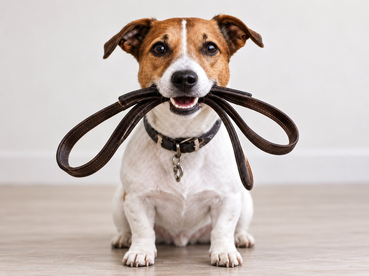 Dog holding its leash in its mouth