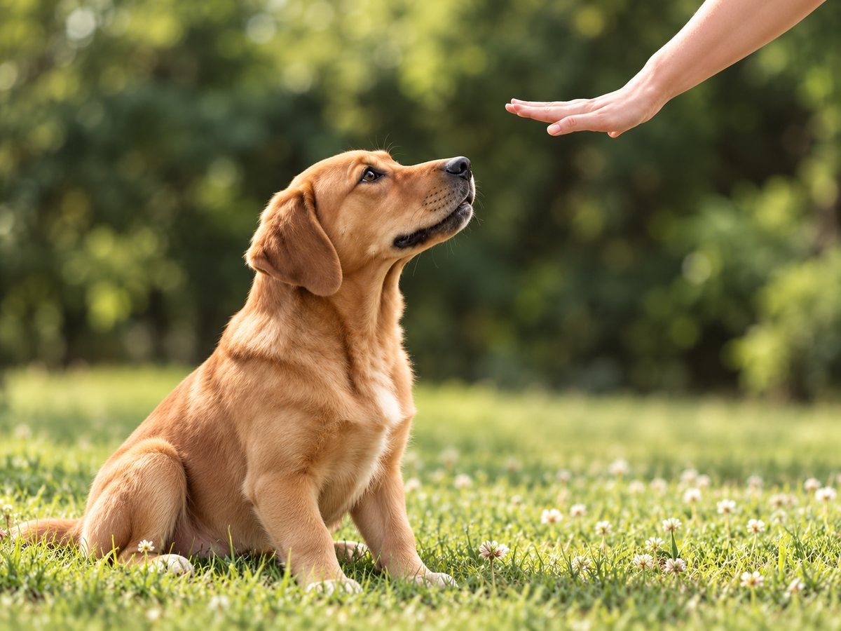 Golden retriever sitting for a hand signal