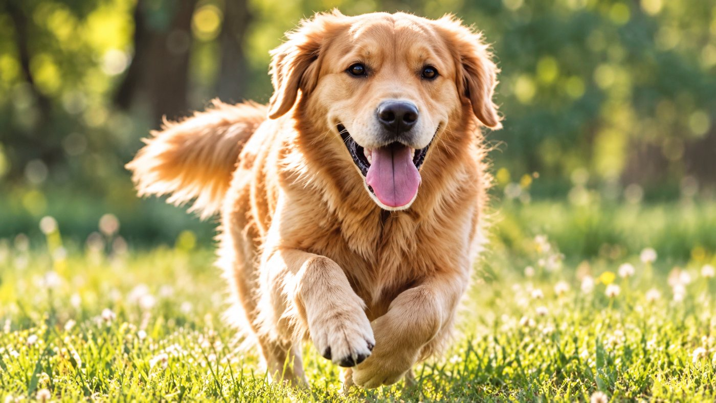 Happy young golden retriever running through grass on Long Island