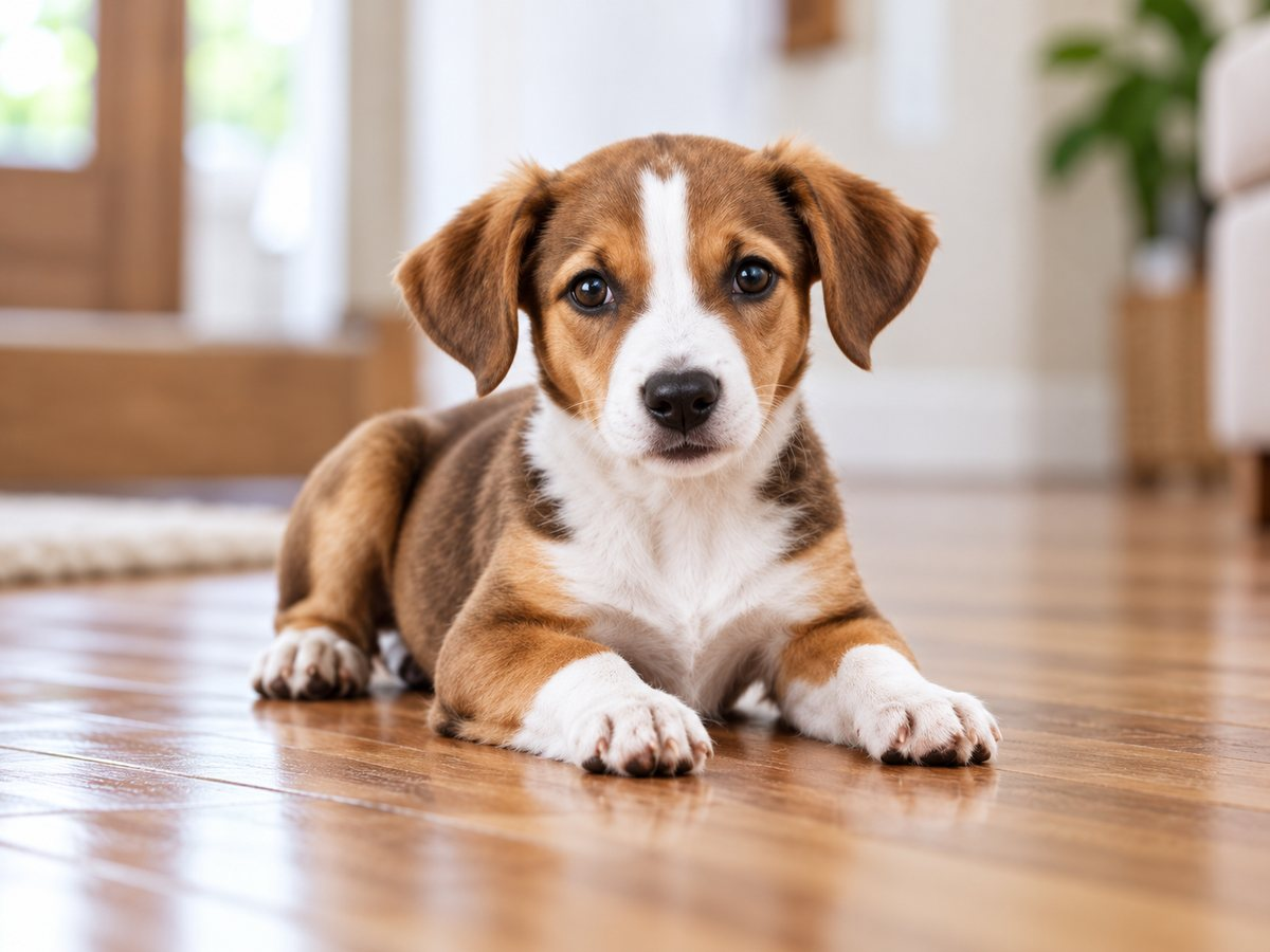 Puppy lying on a wood floor